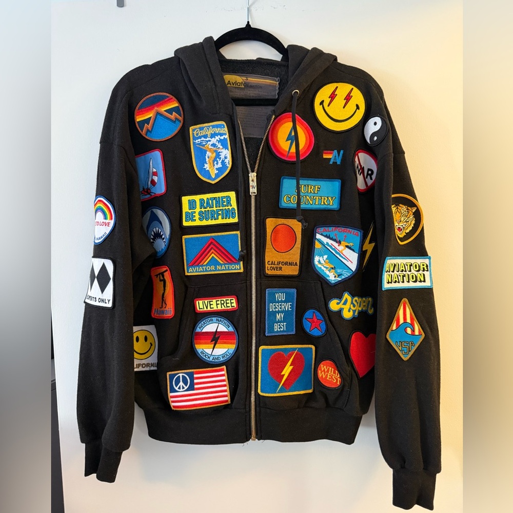 Aviator Nation Black Hoodie with Colorful Patches